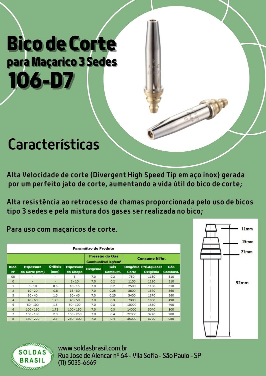 Bico de Corte para Maçarico 3 Sedes 106 D7-8 SB Esp Corte 180-220mm