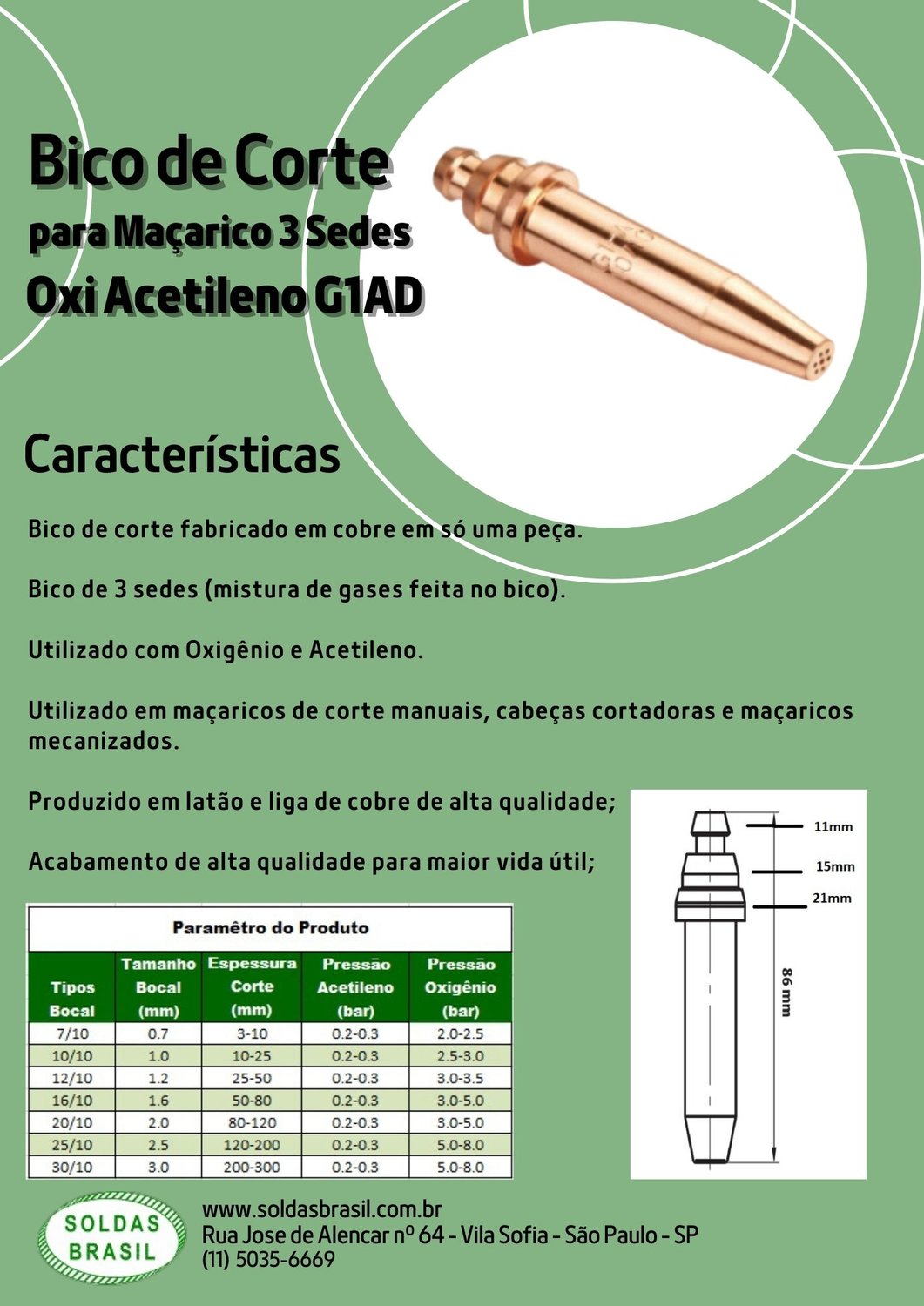 Bico de Corte para Maçarico G1 A 30/10 AC SB 3 Sedes AD Esp Corte 200-300mm