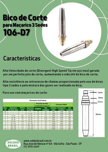 Bico de Corte para Maçarico 3 Sedes 106 D7-4 SB Esp Corte 40-60m