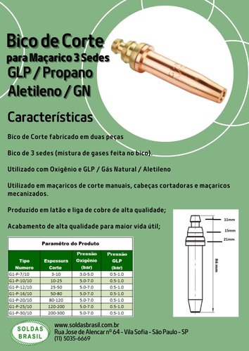Bico de Corte para Maçarico 3 Sedes G1 P 20/10 GLP / Propano Aletileno / GN