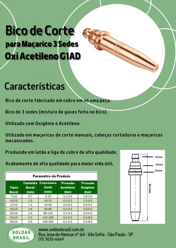 Bico de Corte para Maçarico G1 A 30/10 AC SB 3 Sedes AD Esp Corte 200-300mm
