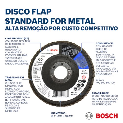 Disco flap curvo Bosch Standard for Metal; 180mm G120