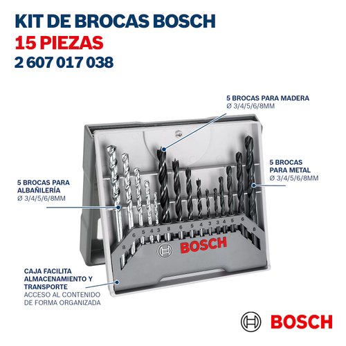 Jogo brocas Concreto, metal e Madeira Bosch 3-8mm 15 peças