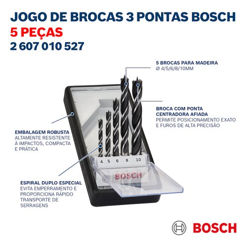 Jogo de brocas para madeira Bosch 3 Pontas 4-10mm 5 peças