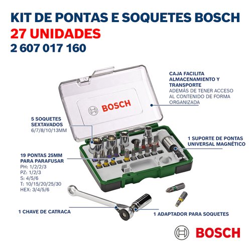 Kit de pontas e soquetes para parafusar Bosch com 27 peças