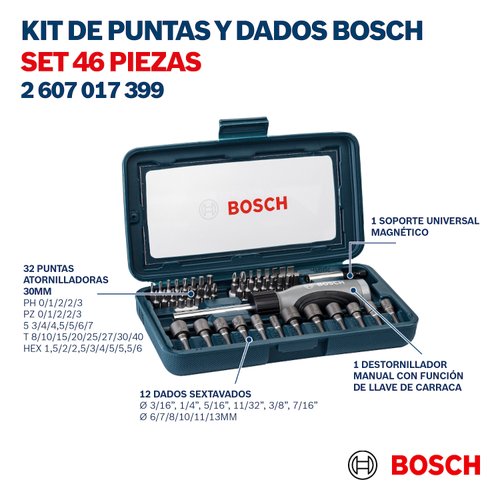 Kit de pontas e soquetes para parafusar Bosch com 46 peças