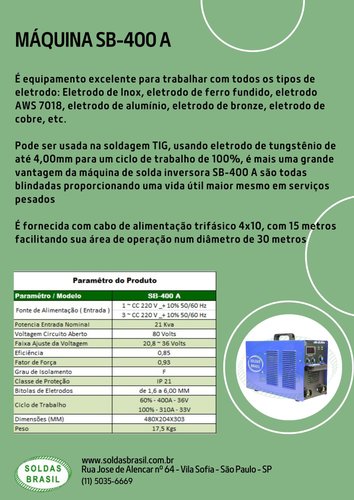 Máquina de Solda Inversora SB MMA 400A -220V MONO