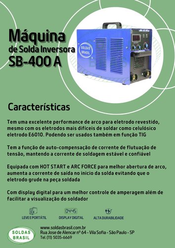 Máquina de Solda Inversora SB MMA 400A -220V MONO