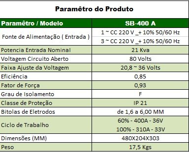 Máquina de Solda Inversora SB MMA 400A -220V MONO