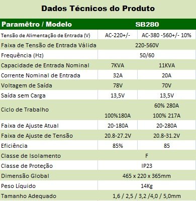 Máquina de Solda Inversora 280 Amperes Com VRD SB280