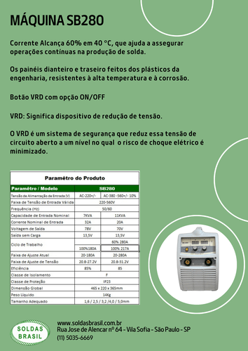 Máquina de Solda Inversora 280 Amperes Com VRD SB280