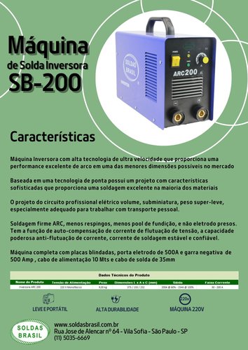 Máquina de Solda Inversora SBARC 200A 220V Monofasico