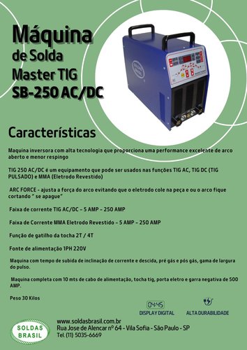 Máquina de Solda Master TIG SB 250 AC 220V AC/DC
