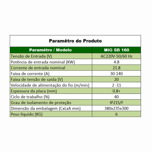 Máquina de Solda Inversora MIG SB 160 Portátil 220V MIG/MMA