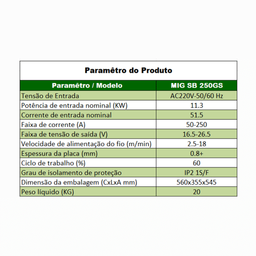 Máquina de Solda MIG Inversora SB250GS Portátil 220V MIG/MAG