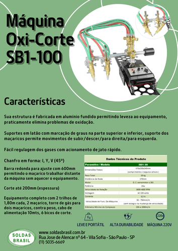 Máquina Oxi-Corte SB1-100 Com 2 Trilhos de Aço 1,80 MT