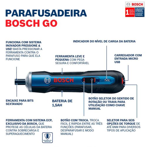 Parafusadeira a Bateria Bosch Go 3,6V BIVOLT em Maleta