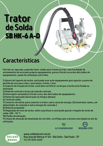 Trator de Solda SB-6A-D Com 2 Trilhos 1.8 Metros